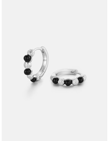 Black Onyx Beaded Silver Hoop Earrings brillant des détails fins